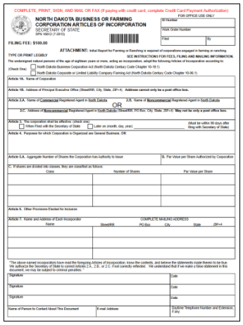 North Dakota Corporation Formation Order Form