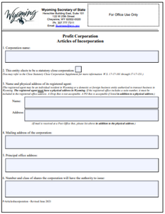Wyoming Corporation Formation Order Form