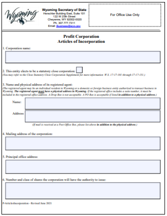 Wyoming Corporation Formation Order Form