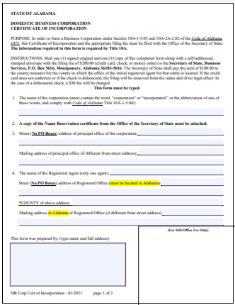 Alabama Corporation Formation Order Form