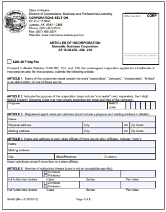 Alaska Corporation Formation Order Form