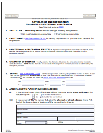 Arizona Corporation Formation Order Form