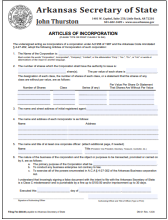 Arkansas Corporation Formation Order Form