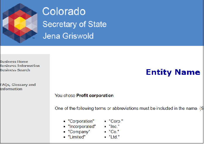 Colorado Corporation Formation Order Form