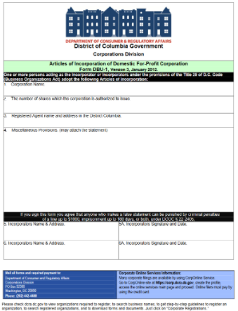 District of Columbia Corporation Formation Order Form