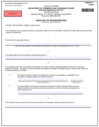 Hawaii Corporation Formation Order Form