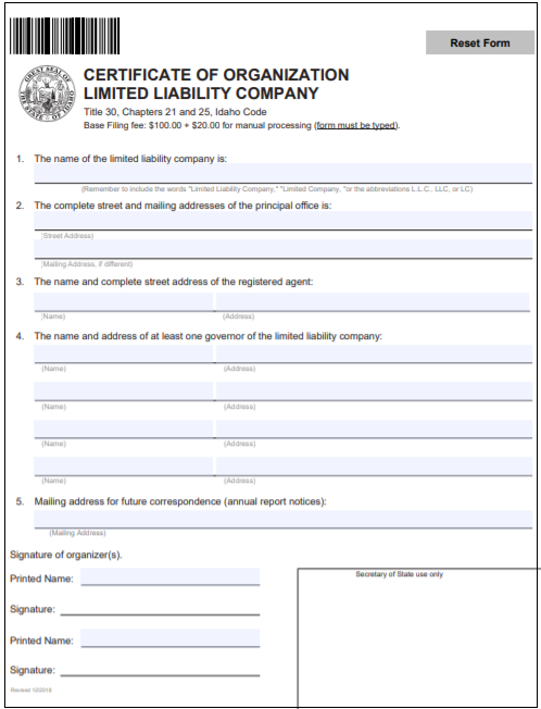 Idaho Corporation Formation Order Form