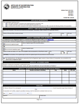 Indiana Corporation Formation Order Form
