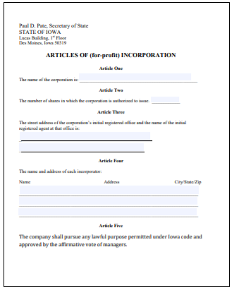 Iowa Corporation Formation Order Form