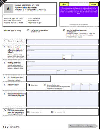 Kansas Corporation Formation Order Form