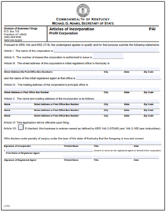 Kentucky Corporation Formation Order Form