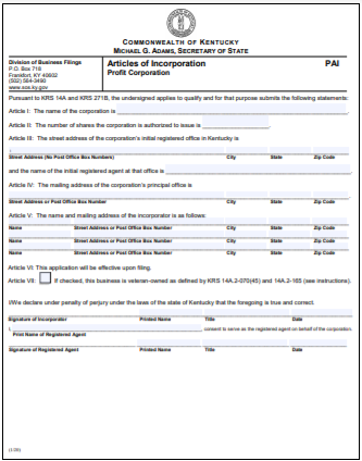 Kentucky Corporation Formation Order Form