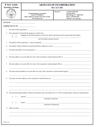 Louisiana Corporation Formation Order Form