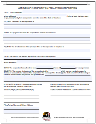 Maryland Corporation Formation Order Form