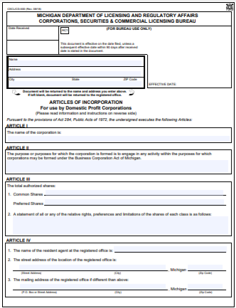 Michigan Corporation Formation Order Form