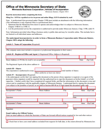 Minnesota Corporation Formation Order Form