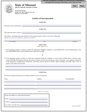 Missouri Corporation Formation Order Form