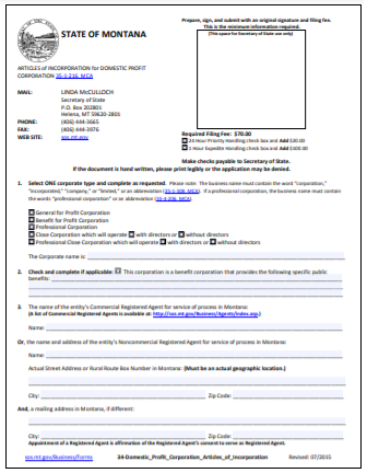 Montana Corporation Formation Order Form