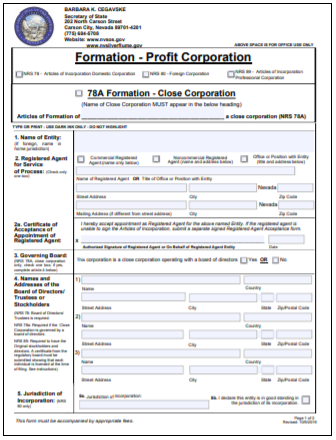 Nevada Corporation Formation Order Form