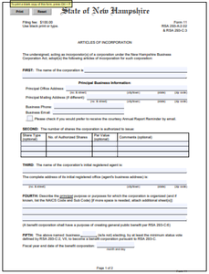 New Hampshire Corporation Formation Order Form