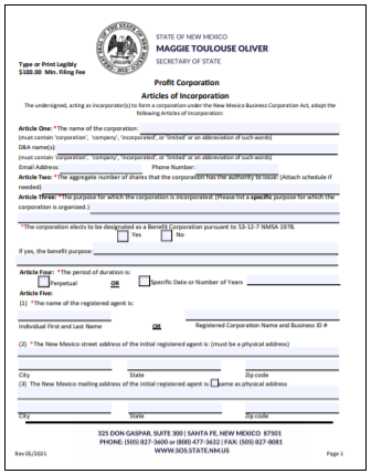 New Mexico Corporation Formation Order Form