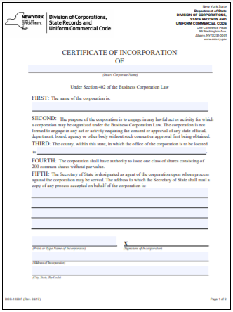 New York Corporation Formation Order Form