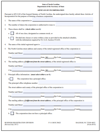 North Carolina Corporation Order Form