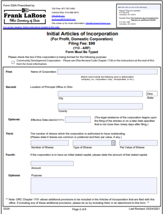 Ohio Corporation Formation Order Form