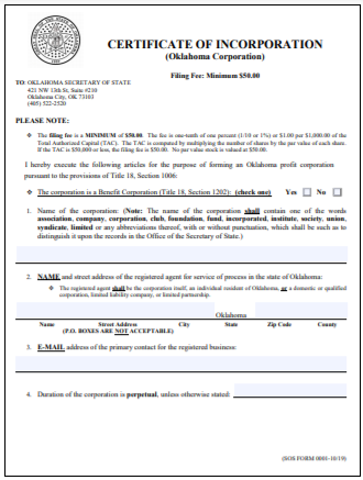 Oklahoma Corporation Formation Order Form