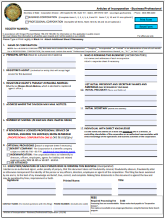 Oregon Corporation Formation Order Form