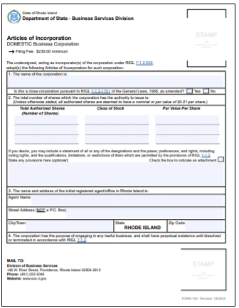 Rhode Island Corporation Formation Order Form