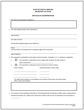 South Carolina Corporation Formation Order Form