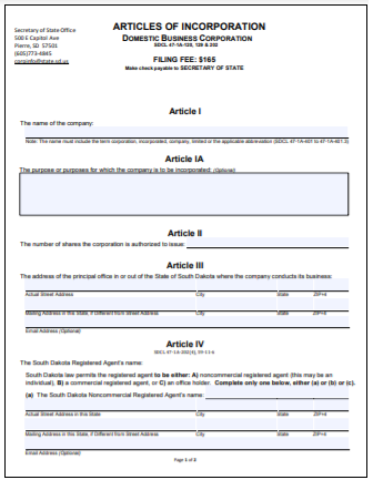 South Dakota Corporation Formation Order Form