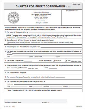 Tennessee Corporation Formation Order Form