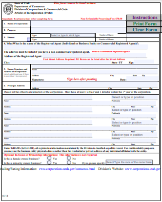 Utah Corporation Formation Order Form