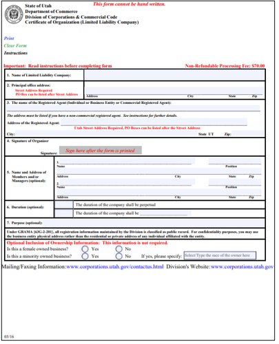 Utah LLC Order Form