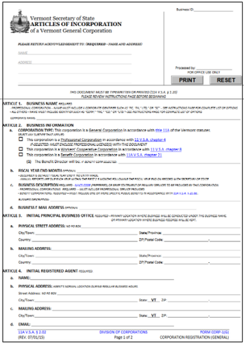 Vermont Corporation Formation Order Form
