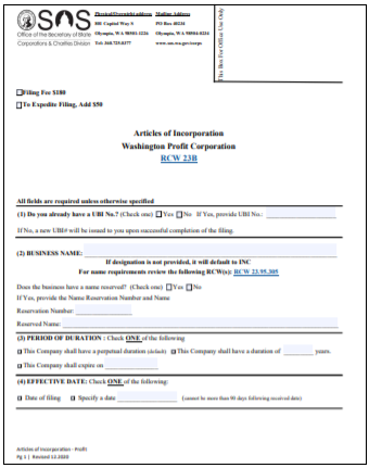 Washington Corporation Formation Order Form