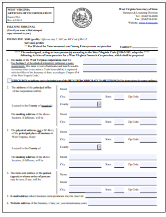 West Virginia Corporation Formation Order Form
