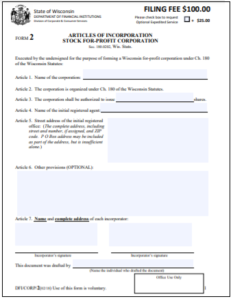 Wisconsin Corporation Formation Order Form